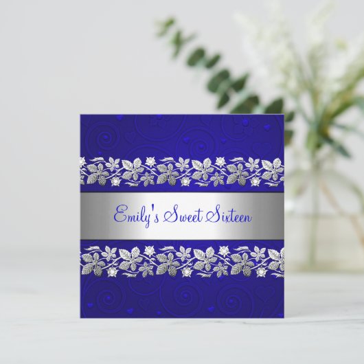 Invitation Sweet 16 Blue Silver Floral Amour fête d'anniversa (Debout devant)