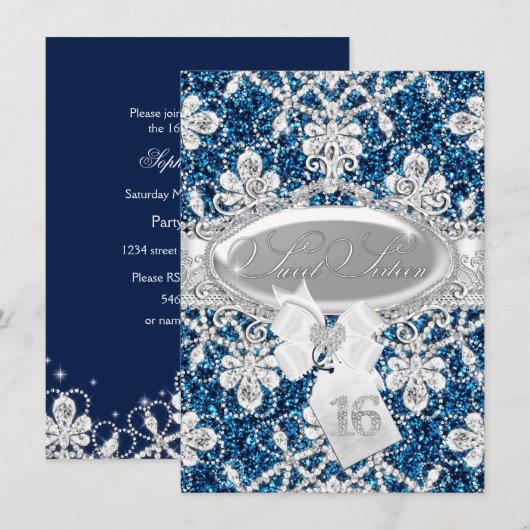 Invitation Sweet 16 Blue Sparkle Diamond & Paillet (Devant / Derrière)