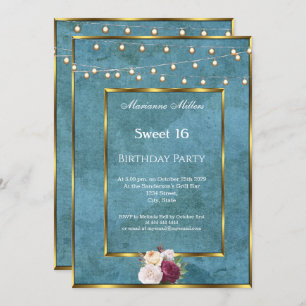 Invitation Sweet 16 Blue Turquoise Gold Fairy Lights Roses