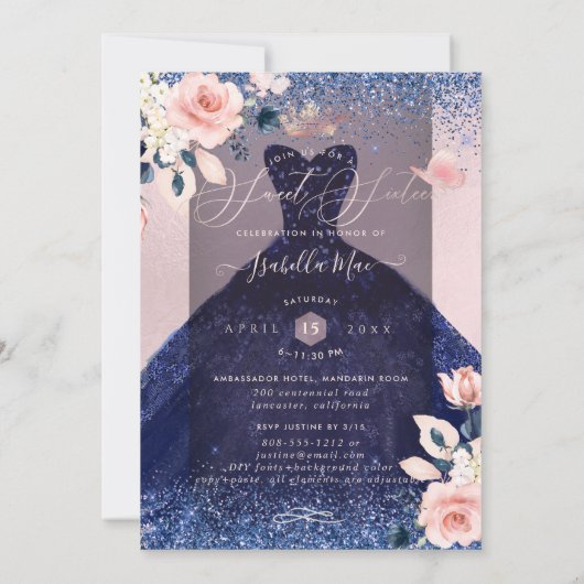 Invitation Sweet 16 Blush Floral Navy Blue Parties scintillan (Dos)