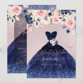 Invitation Sweet 16 Blush Floral Navy Blue Parties scintillan (Devant / Derrière)