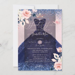 Invitation Sweet 16 Blush Floral Navy Blue Parties scintillan