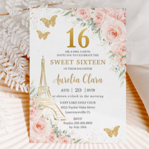 Invitation Sweet 16 Blush Floral Paris Eiffel Champagne