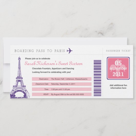 Invitation Sweet 16 Boarding Pass à Paris (Devant)