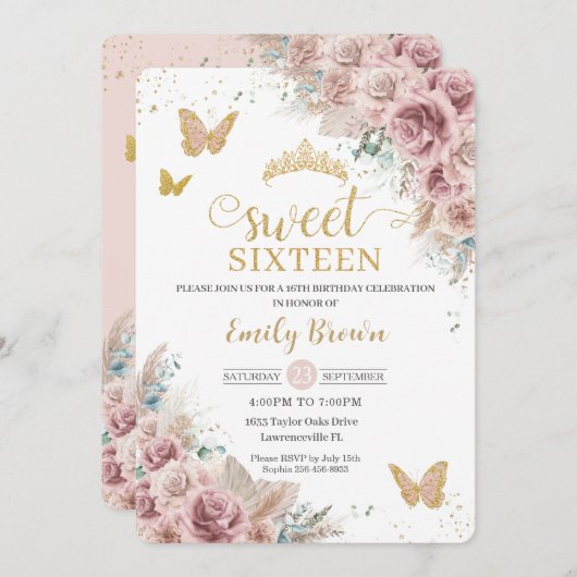 Invitation Sweet 16 Boho Blush Dusty Rose Floral Pampas Grass (Devant / Derrière)