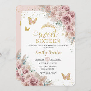 Invitation Sweet 16 Boho Blush Dusty Rose Floral Pampas Grass