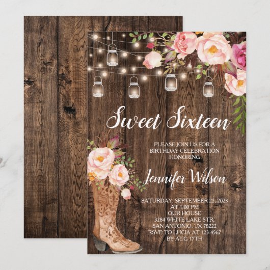 Invitation Sweet 16 Boho Rustique Lumières à cordes florales (Devant / Derrière)