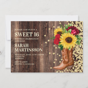 Invitation Sweet 16 Bottes en bois rustique Tournesols Roses 