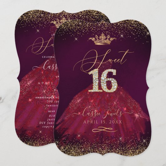 Invitation Sweet 16 Bourgogne Gold Confetti+Princess Crown (Devant / Derrière)