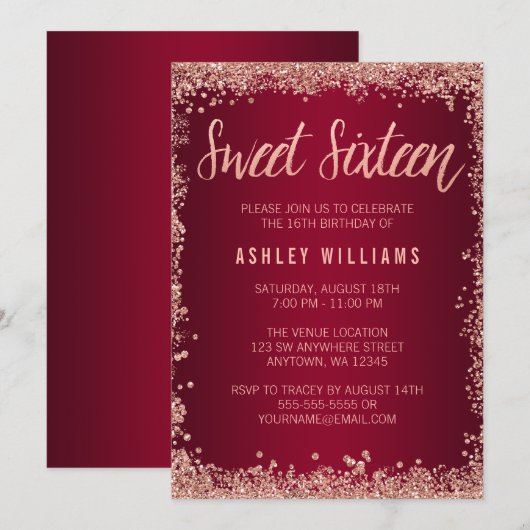 Invitation Sweet 16 Bourgogne Rose Gold Faux Parties scintill (Devant / Derrière)