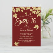 Invitation Sweet 16 Bourgogne Rouge Feuille d'or moderne (Debout devant)