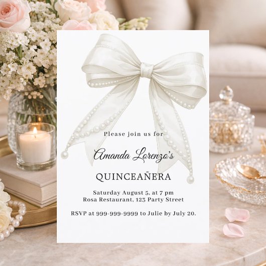 Invitation Sweet 16 bow ivory white pearls elegant