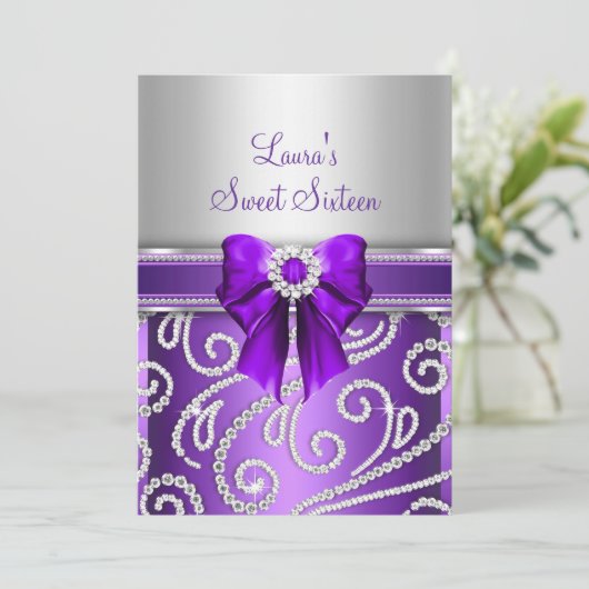 Invitation Sweet 16 Bow pourpre & Sparkle Diamond (Debout devant)
