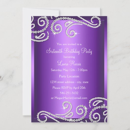 Invitation Sweet 16 Bow pourpre & Sparkle Diamond (Dos)