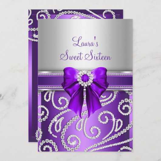 Invitation Sweet 16 Bow pourpre & Sparkle Diamond (Devant / Derrière)