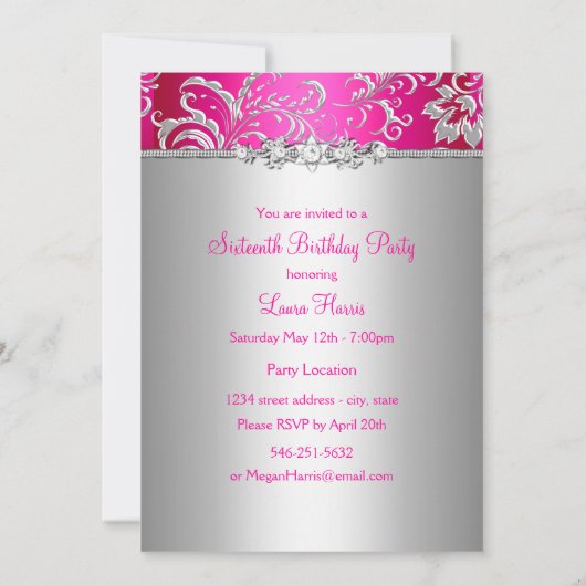 Invitation Sweet 16 Bow rose & Silver Floral Annonces (Dos)