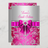 Invitation Sweet 16 Bow rose & Silver Floral Annonces (Devant / Derrière)