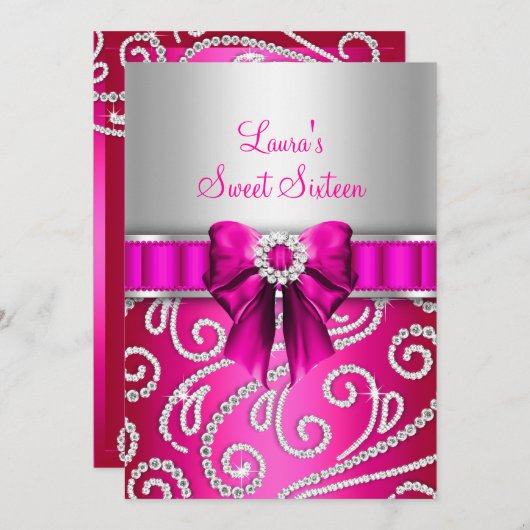 Invitation Sweet 16 Bow rose & Sparkle Diamond Annonces (Devant / Derrière)