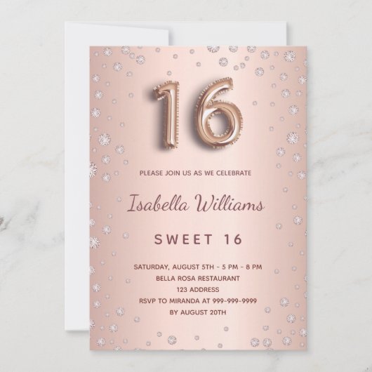 Invitation Sweet 16 brush rose or diamants script (Devant)