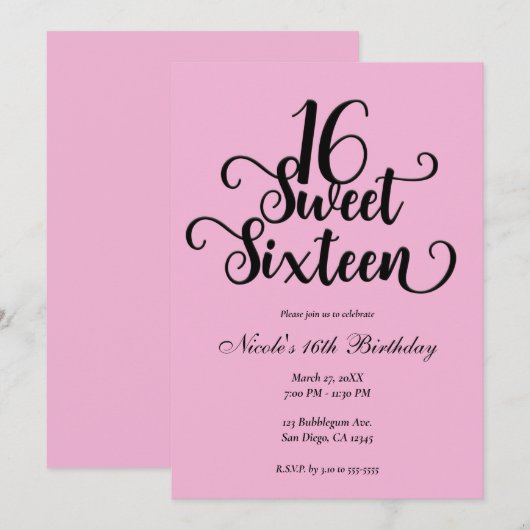 Invitation Sweet 16 Bubblegum Soirée d'anniversaire rose et n (Devant / Derrière)