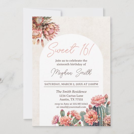 Invitation Sweet 16 Cactus Boho Pampas Arch Anniversaire Invi (Devant)