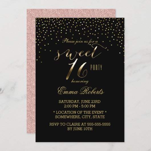 Invitation Sweet 16 Confetti Or Moderne Élégant Noir (Devant / Derrière)