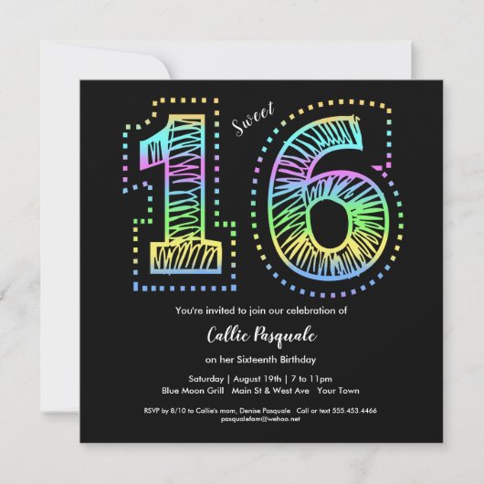 Invitation Sweet 16 Cool sur Black Anniversaire Fête Invitati (Devant)