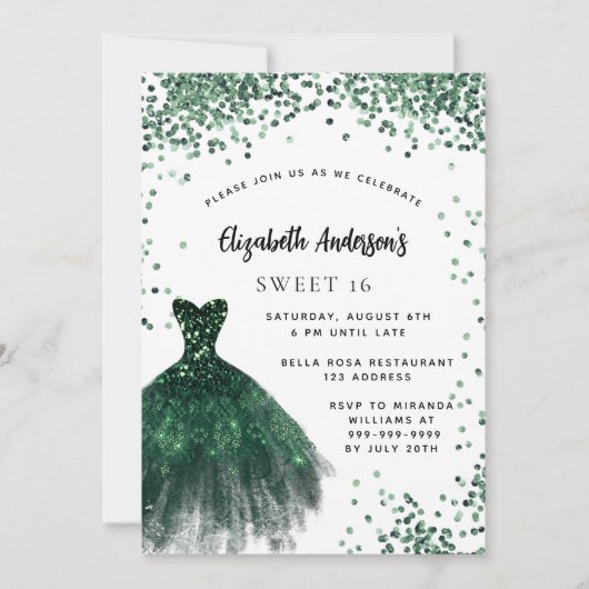 Invitation Sweet 16 couleur vert émeraude parties scintillant (Devant)