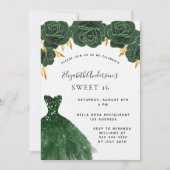 Invitation Sweet 16 couleur vert émeraude robe luxe floral (Devant)