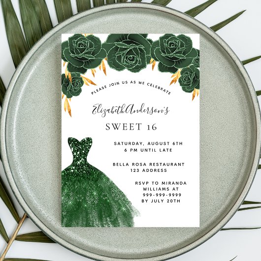 Invitation Sweet 16 couleur vert émeraude robe luxe floral