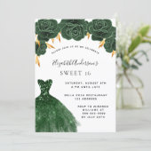 Invitation Sweet 16 couleur vert émeraude robe or floral (Debout devant)