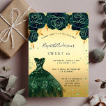Invitation Sweet 16 couleur vert émeraude robe or floral<br><div class="desc">Une invitation moderne, élégante et glamour pour une fête Sweet 16, 16e anniversaire. Un arrière - plan en faux or avec de la poussière de parties scintillant en faux vert, une robe vert émeraude et des roses verts, des fleurs. Le nom est écrit avec un script de style moderne écrit...</div>
