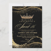 Invitation Sweet 16 Couronne noire et or fête d'anniversaire (Devant)