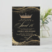 Invitation Sweet 16 Couronne noire et or fête d'anniversaire (Debout devant)
