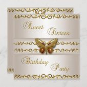 Invitation Sweet 16 Crème blanche Perle d'or Bijou de papillo (Devant / Derrière)
