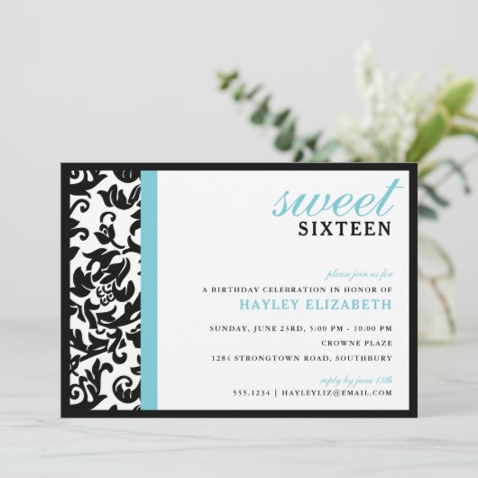 Invitation Sweet 16 Damas moderne avec bordure, bleu (Debout devant)