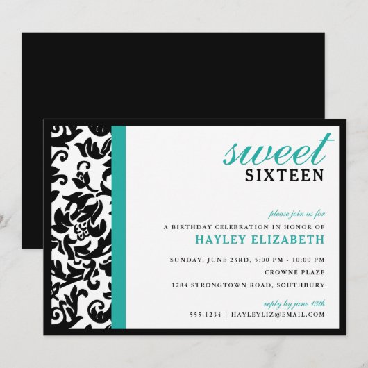 Invitation Sweet 16 Damas moderne avec bordure, Turquoise (Devant / Derrière)