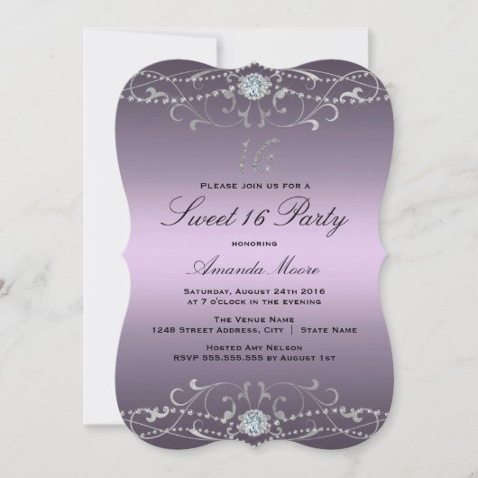 Invitation Sweet 16 Damask Diamant Violet (Devant)