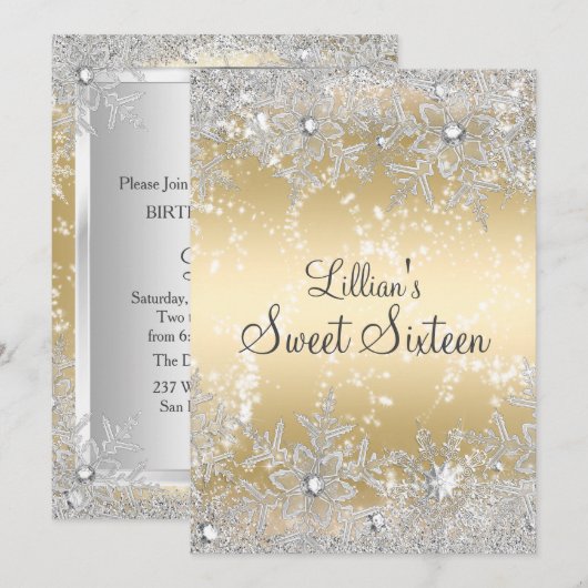 Invitation Sweet 16 Diamond Snowflake Gold Winter Wonderland (Devant / Derrière)