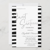 Invitation Sweet 16 écriture argent rayures noires (Devant)