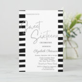 Invitation Sweet 16 écriture argent rayures noires (Debout devant)