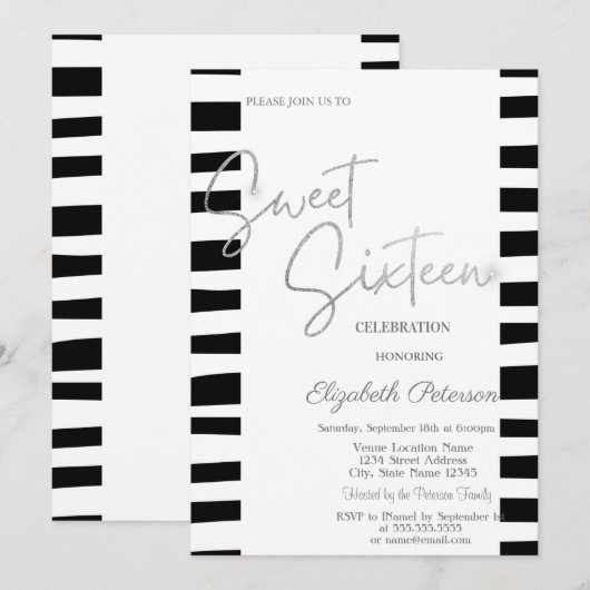 Invitation Sweet 16 écriture argent rayures noires (Devant / Derrière)