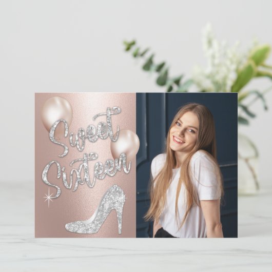 Invitation Sweet 16 Elégant Rose Gold & Silver Photo Annivers (Debout devant)