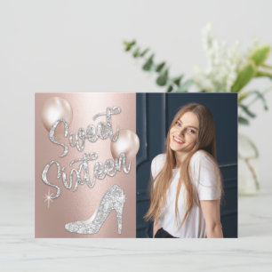 Invitation Sweet 16 Elégant Rose Gold & Silver Photo Annivers