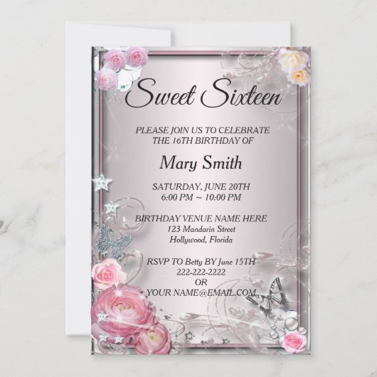 Invitation Sweet 16 Elégant rose Roses papillon Anniversaire (Devant)