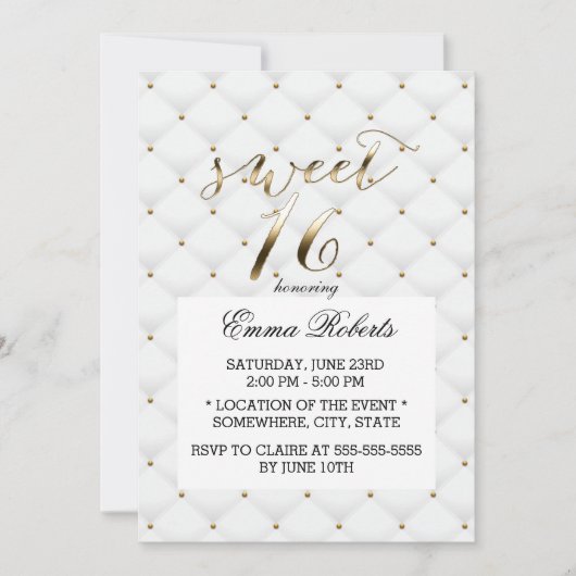 Invitation Sweet 16 élégantes couvertures or & blanc (Devant)