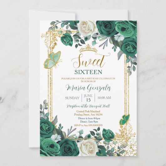 Invitation Sweet 16 Emerald Green Butterfly Anniversaire (Devant)