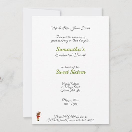 Invitation Sweet 16 Enchantée Forêt Fée Oiseau renard écureui (Dos)