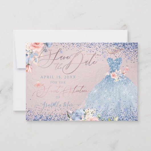 Invitation Sweet 16 Enregistrer la date Dusty Blue Gown Invit (Devant)