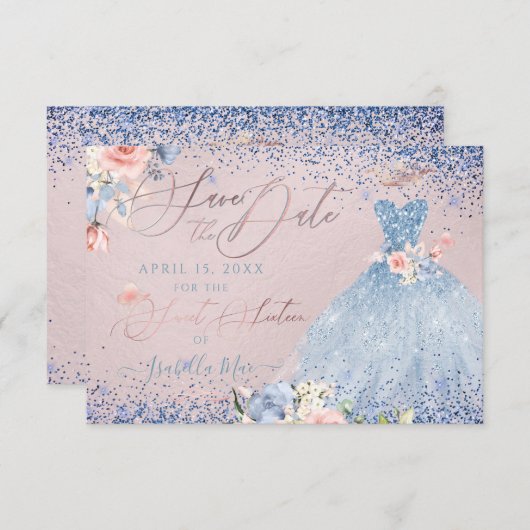 Invitation Sweet 16 Enregistrer la date Dusty Blue Gown Invit (Devant / Derrière)